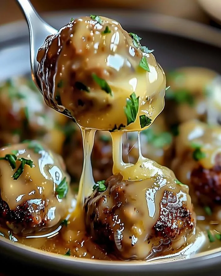 Crock Pot French Onion Meatballs served in a bowl with melted cheese on top.
