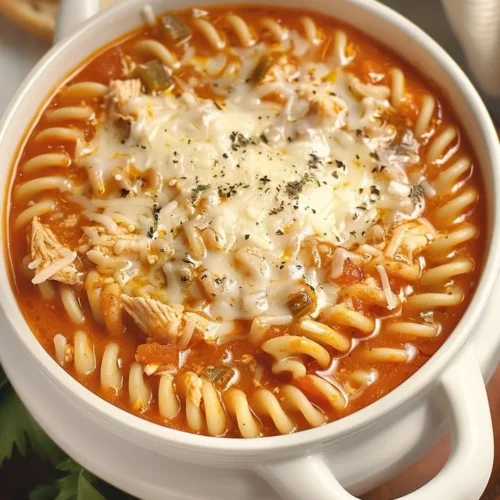 Bowl of delicious Crockpot Chicken Parmesan Soup with crusty bread