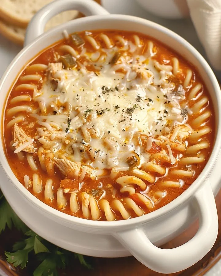 Bowl of delicious Crockpot Chicken Parmesan Soup with crusty bread