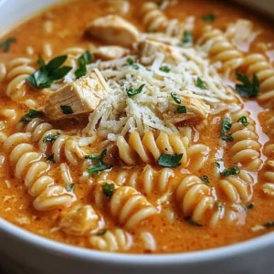 Bowl of Crockpot Chicken Parmesan Soup garnished with parmesan and herbs
