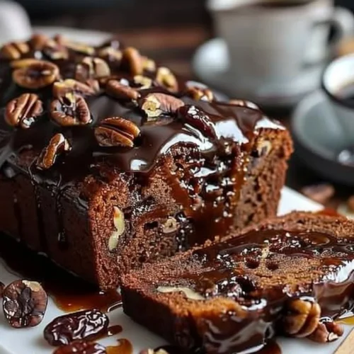 Date coffee loaf cake with walnuts and espresso glaze on a wooden table