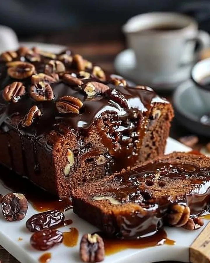 Date coffee loaf cake with walnuts and espresso glaze on a wooden table