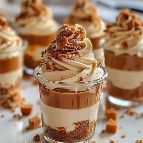 Decadent Biscoff layered cheesecake cups topped with cookie crumbs