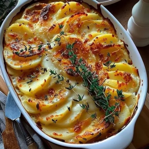 Decadent creamy potato bake dish with melted cheese and herbs