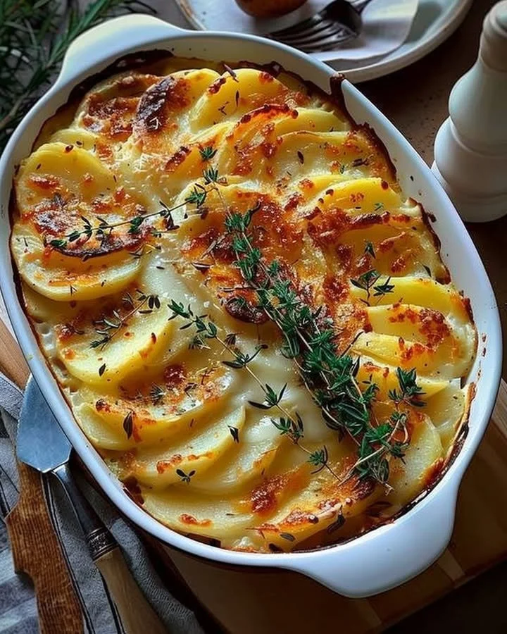Decadent creamy potato bake dish with melted cheese and herbs