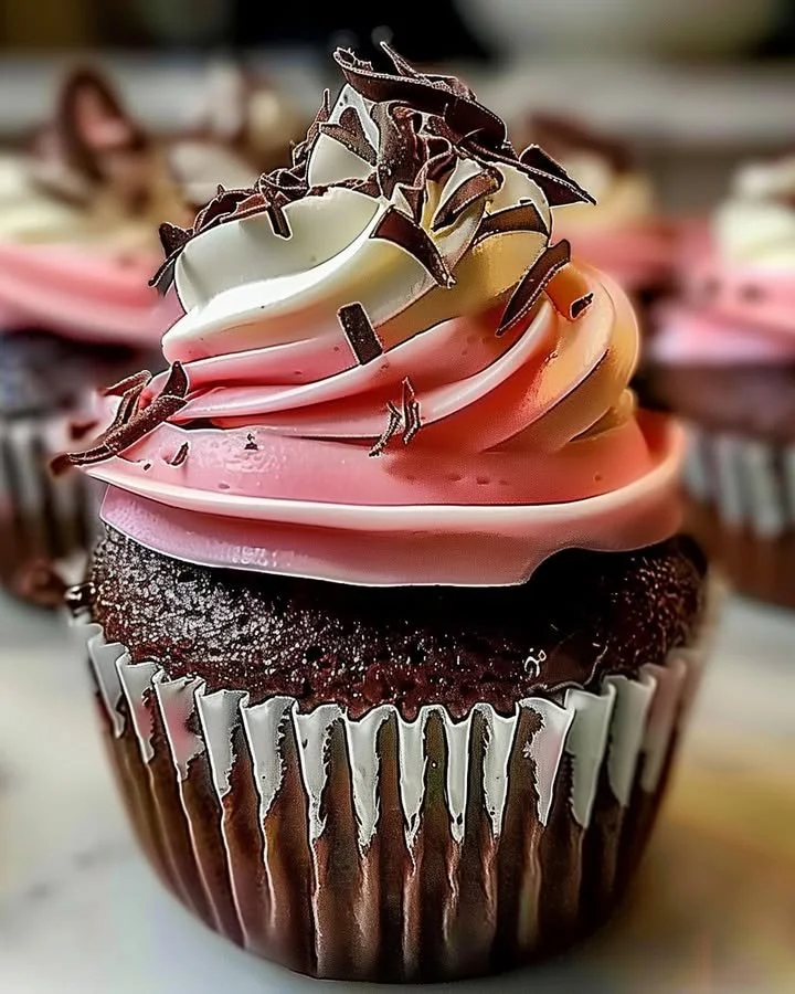 Decadent Neapolitan Cream Cupcakes with chocolate, vanilla, and strawberry frosting.