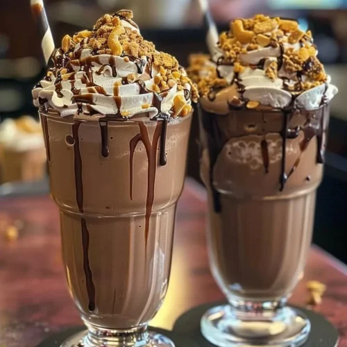 Decadent peanut butter chocolate milkshake topped with whipped cream