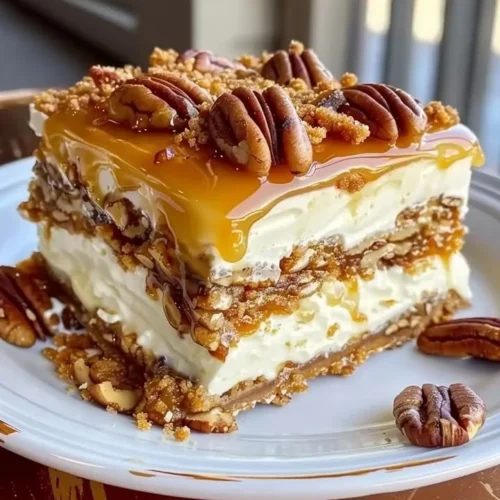 Decadent pecan pie lasagna layered with cream cheese and caramel.