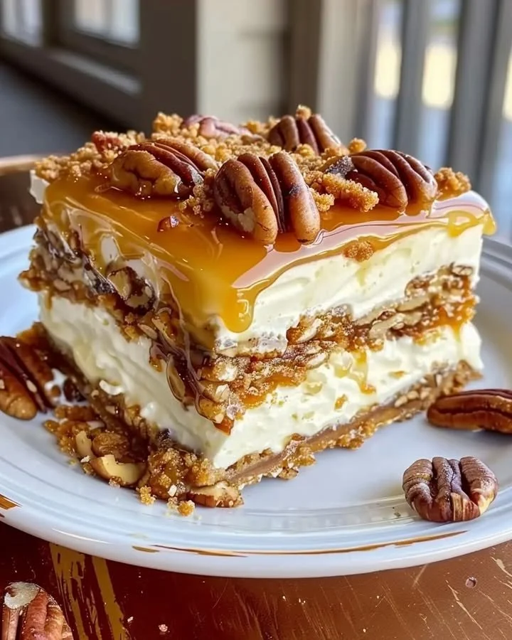 Decadent pecan pie lasagna layered with cream cheese and caramel.