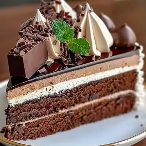 Decadent Triple Chocolate Mousse Cake topped with chocolate shavings and strawberries.
