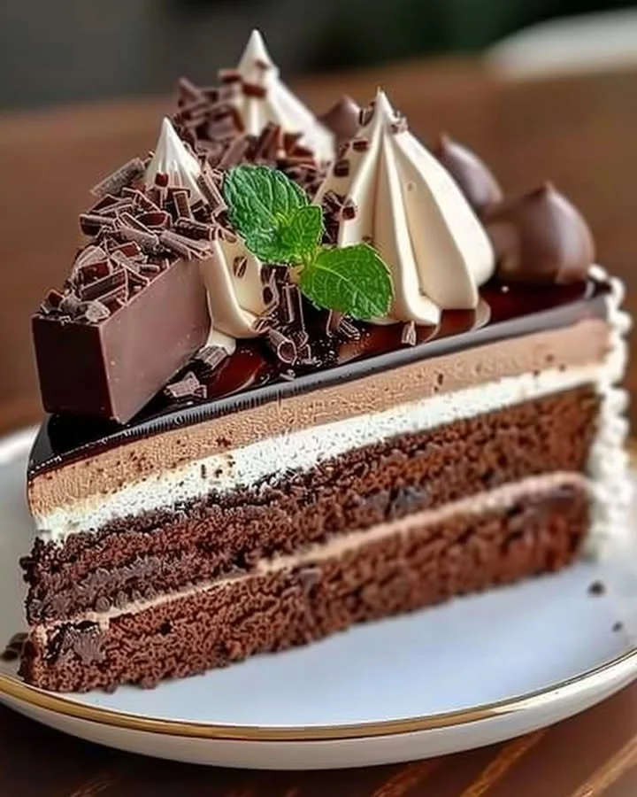 Decadent Triple Chocolate Mousse Cake topped with chocolate shavings and strawberries.