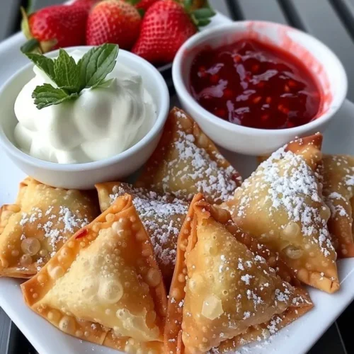Deep-fried strawberry cheesecake stuffed wonton bites dessert