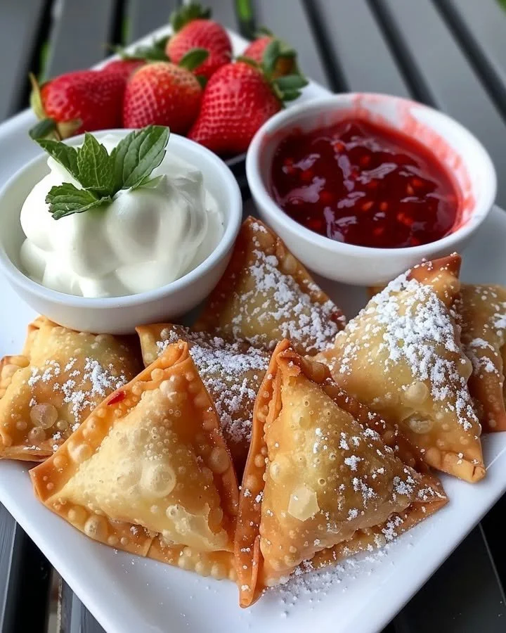 Deep-fried strawberry cheesecake stuffed wonton bites dessert
