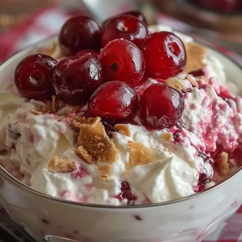 Delicious cherry cheesecake fluff topped with fresh cherries