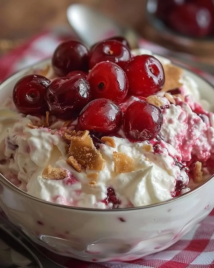 Delicious cherry cheesecake fluff topped with fresh cherries
