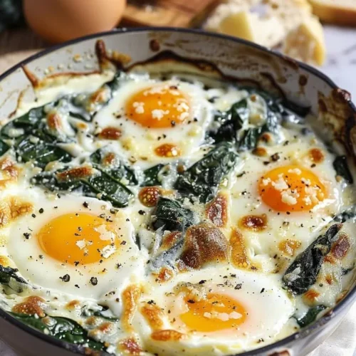 Delicious baked eggs with lemon and parmesan spinach dish