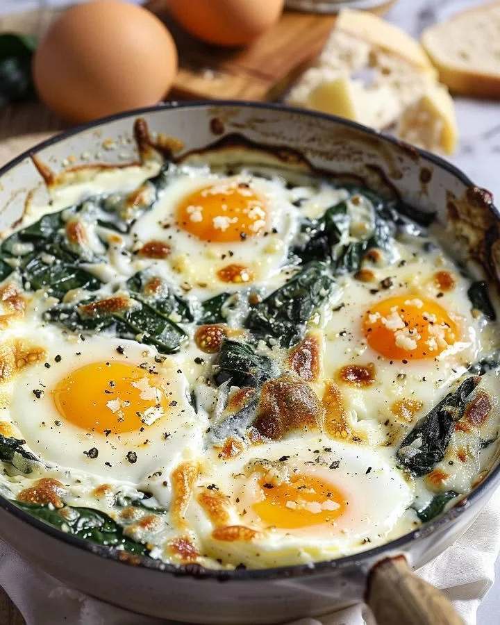 Delicious baked eggs with lemon and parmesan spinach dish