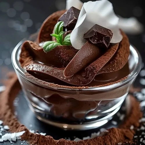 Delicious homemade chocolate mousse in a glass topped with chocolate shavings