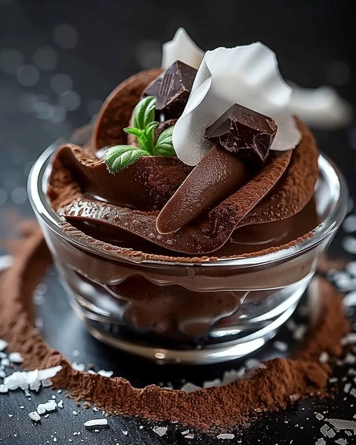 Delicious homemade chocolate mousse in a glass topped with chocolate shavings