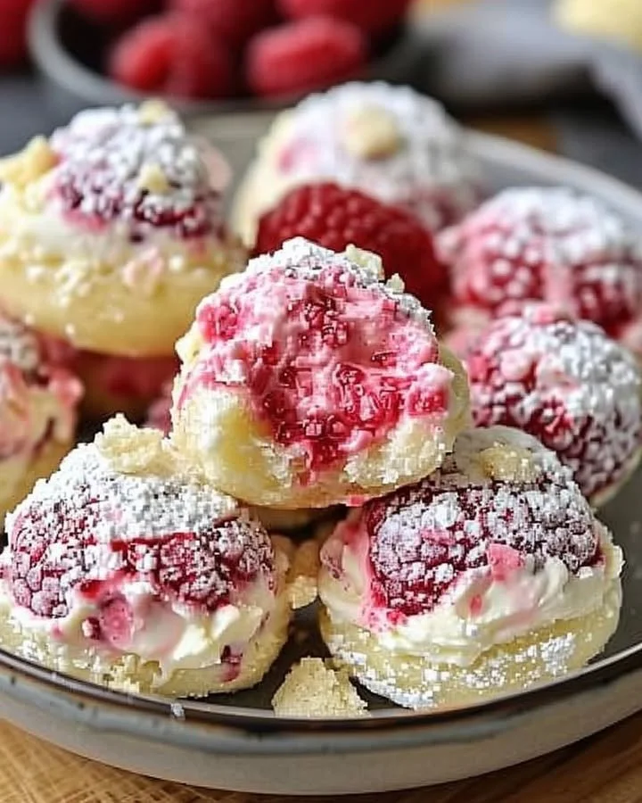 Delicious raspberry cream cheese bites on a plate with fresh raspberries