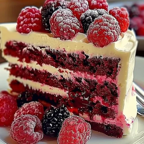 Delightful white chocolate raspberry cake topped with fresh raspberries.