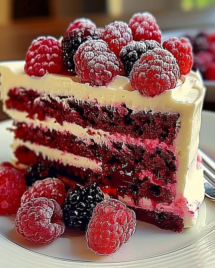 Delightful white chocolate raspberry cake topped with fresh raspberries.
