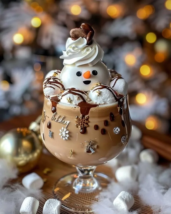 Dirty Snowman Baileys ice cream cocktail garnished with chocolate and marshmallows