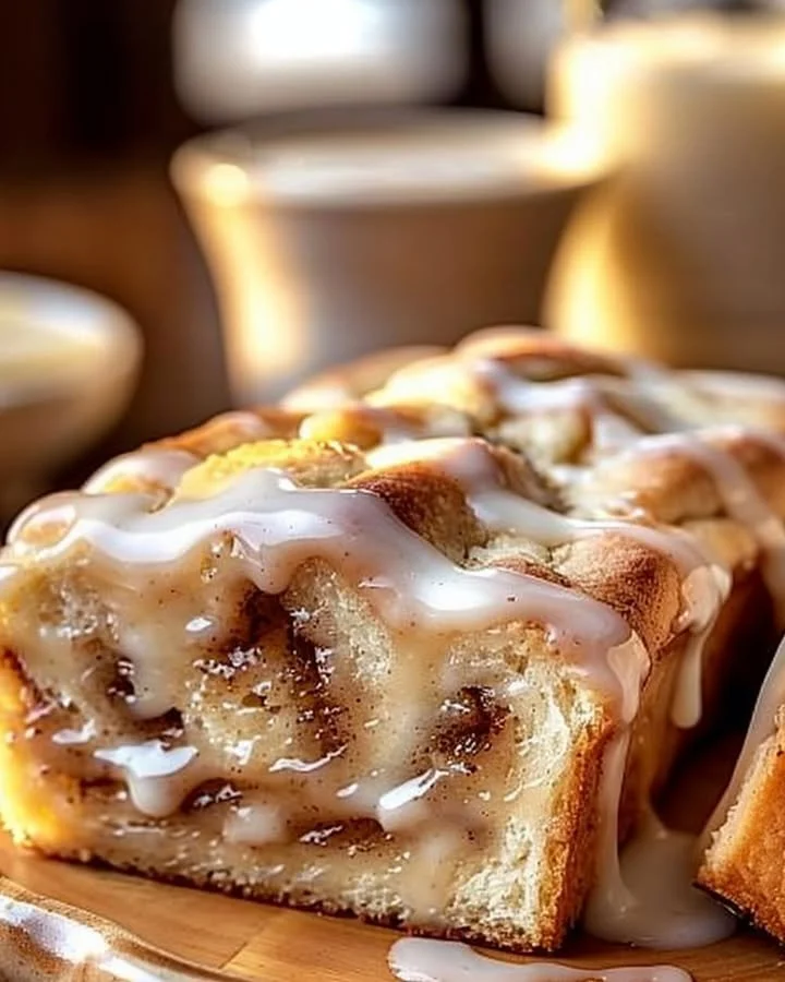 Delicious Dollywood cinnamon bread drizzled with icing on a plate.