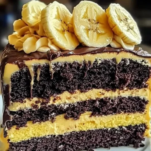 Delicious double chocolate banana layer cake topped with chocolate frosting.