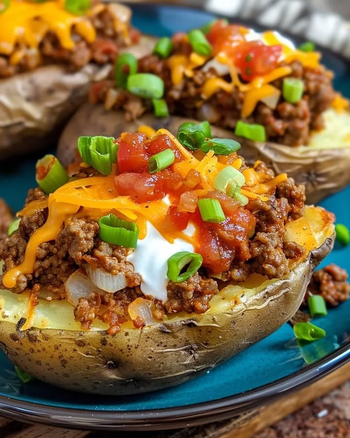 Double Stuffed Taco Potatoes topped with cheese and garnished with cilantro.