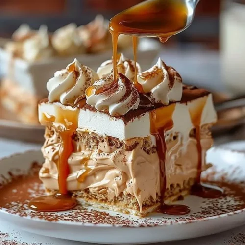 Delicious Dulce de Leche Tiramisu dessert with layers of caramel and coffee.