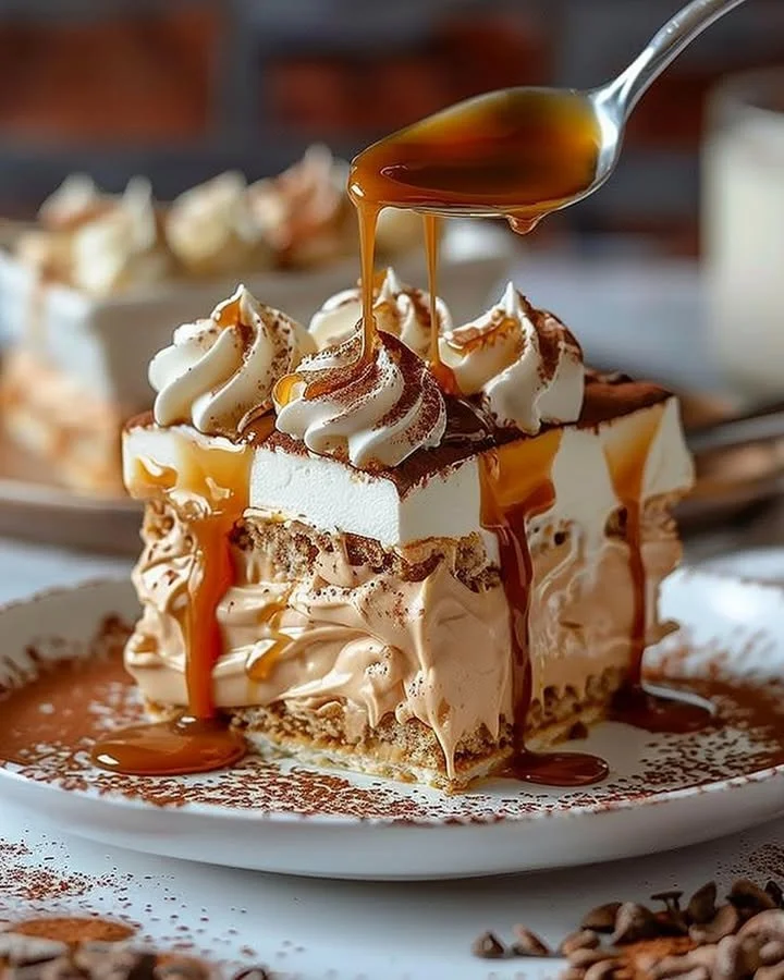 Delicious Dulce de Leche Tiramisu dessert with layers of caramel and coffee.