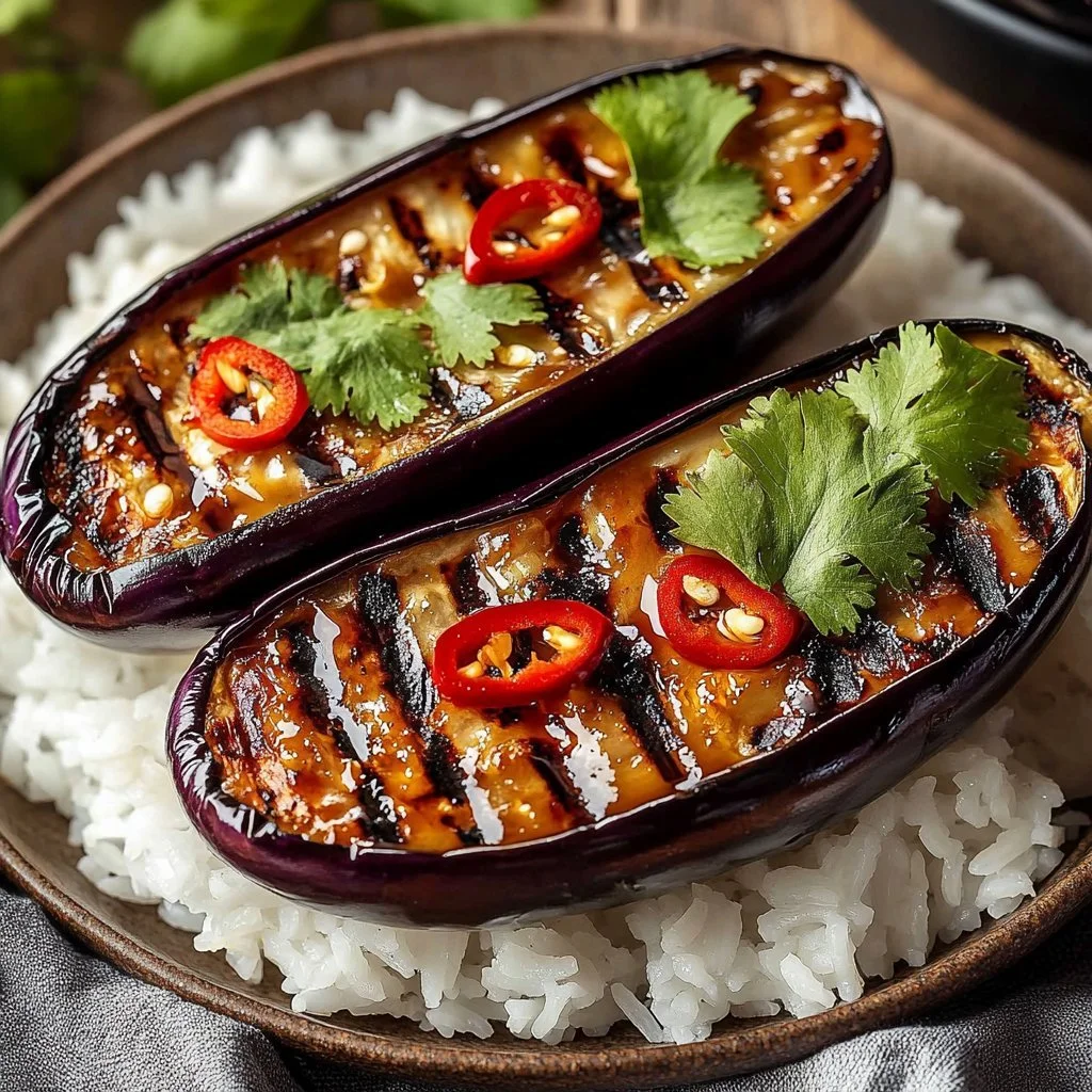 Grilled miso eggplant on a plate, showcasing its rich color and glaze.