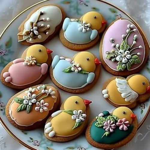 Colorful Easter cookies decorated with chick and flower designs.