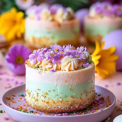 Easter No-Bake Mini Cheesecakes decorated with pastel colors and chocolate eggs.