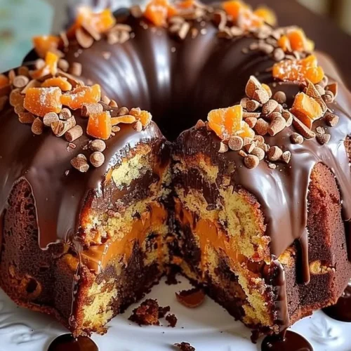Slices of easy Butterfinger Chocolate Bundt Cake topped with chocolate frosting