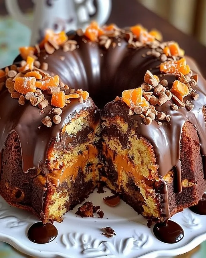 Slices of easy Butterfinger Chocolate Bundt Cake topped with chocolate frosting