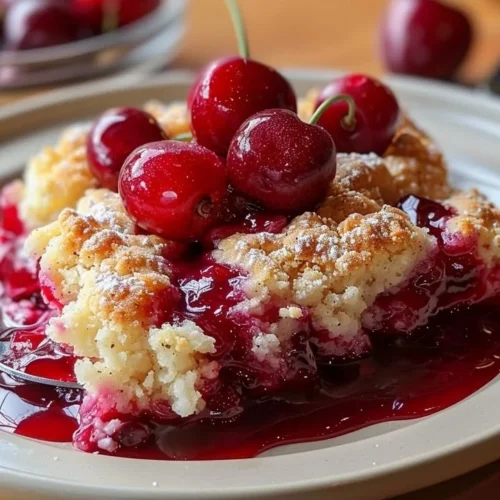 Delicious easy cherry cobbler topped with a golden crust and fresh cherries