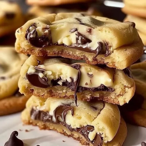 Delicious chocolate chip cheesecake stuffed cookies on a baking tray