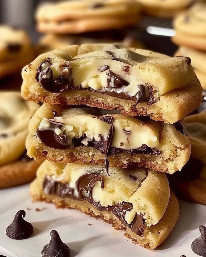 Delicious chocolate chip cheesecake stuffed cookies on a baking tray