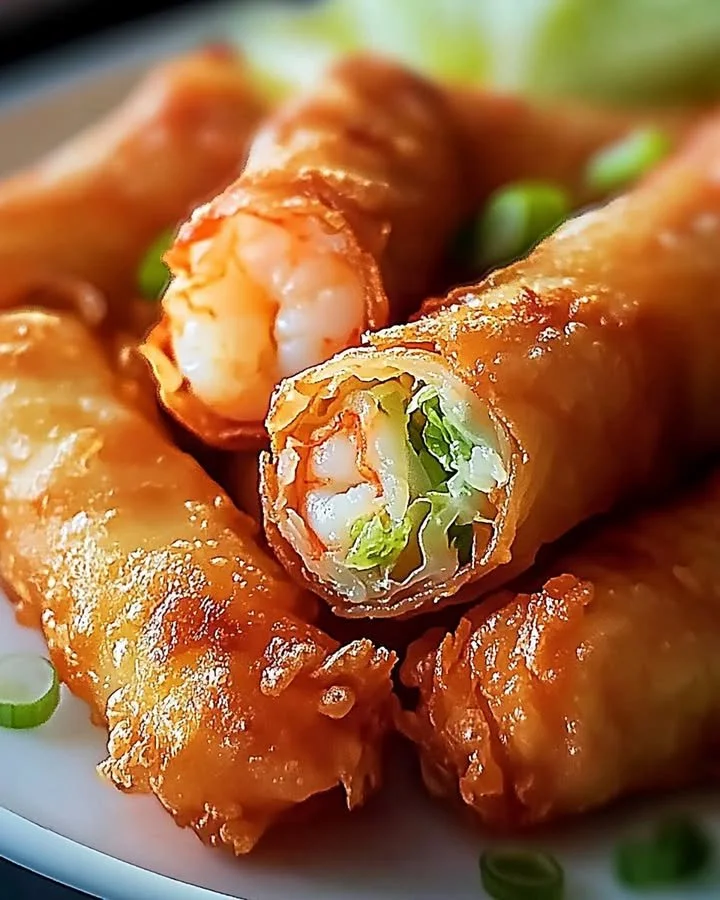 Crispy shrimp and cabbage egg rolls ready to be served on a plate