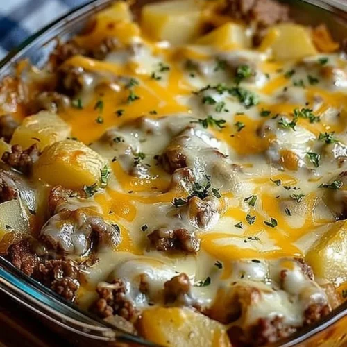 Delicious easy hamburger potato casserole topped with cheese and herbs