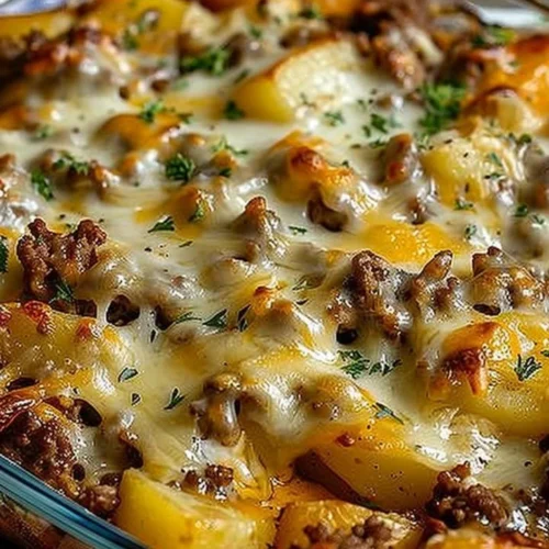Easy hamburger potato casserole topped with cheese and baked to perfection.