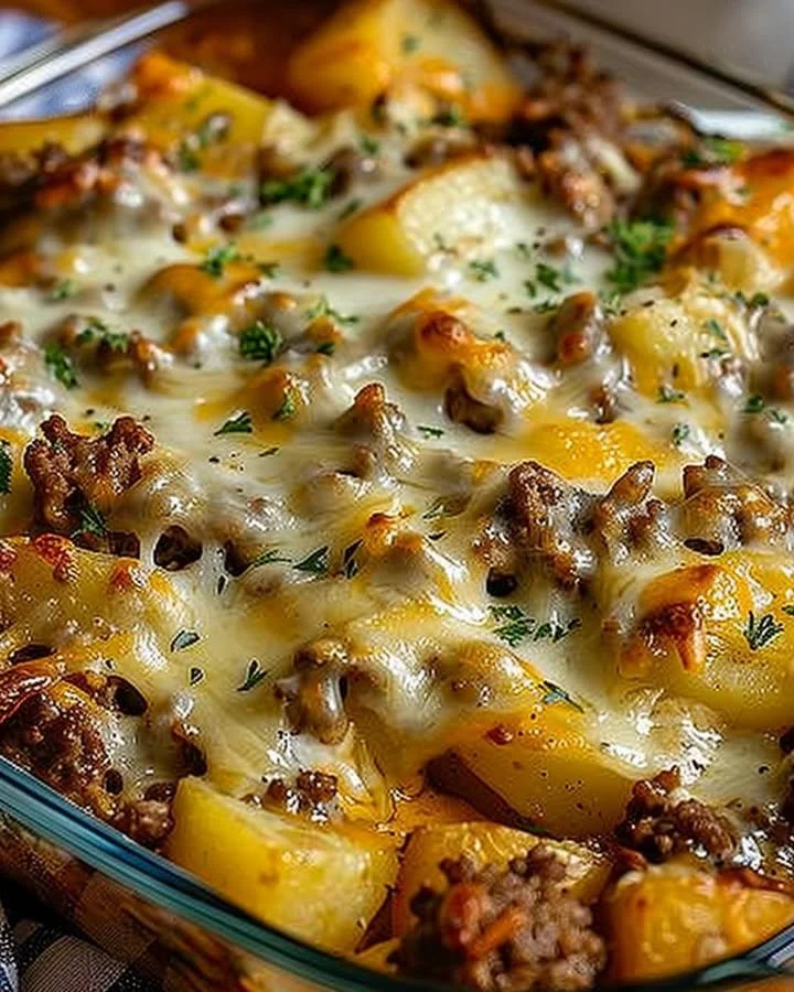 Easy hamburger potato casserole topped with cheese and baked to perfection.