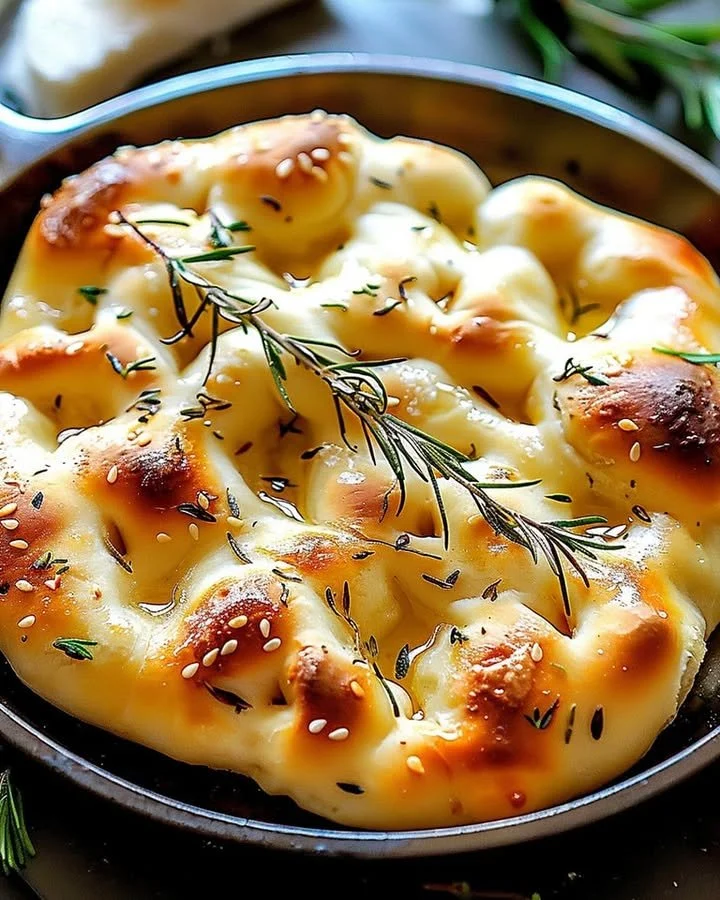 Delicious homemade focaccia bread topped with herbs and olive oil