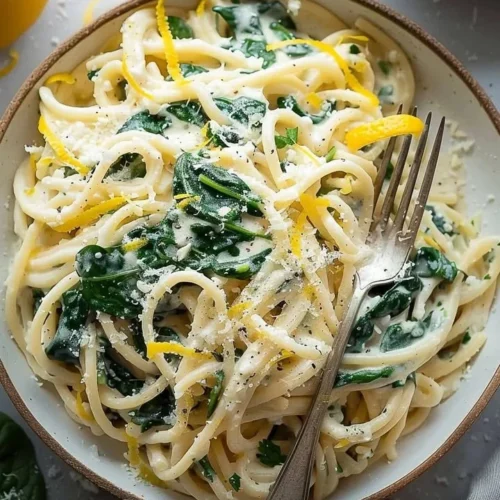 Delicious lemon ricotta pasta with spinach in a bowl