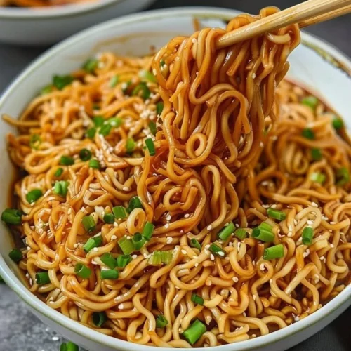 Plate of easy saucy ramen noodles with thick flavorful sauce
