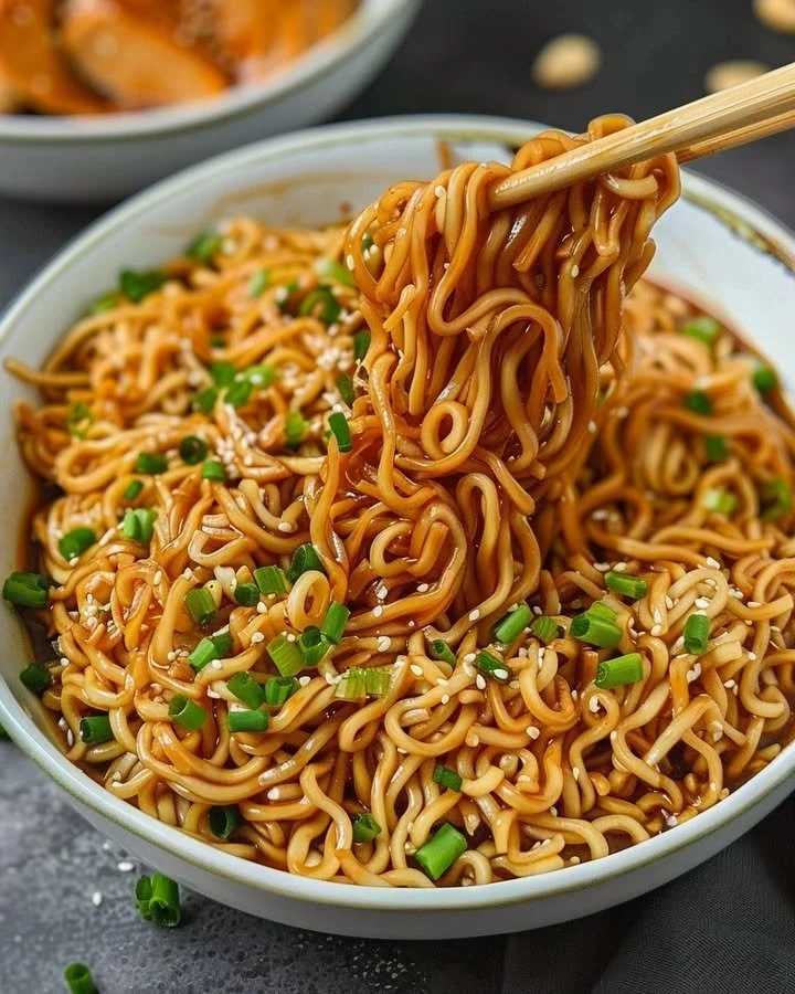 Plate of easy saucy ramen noodles with thick flavorful sauce