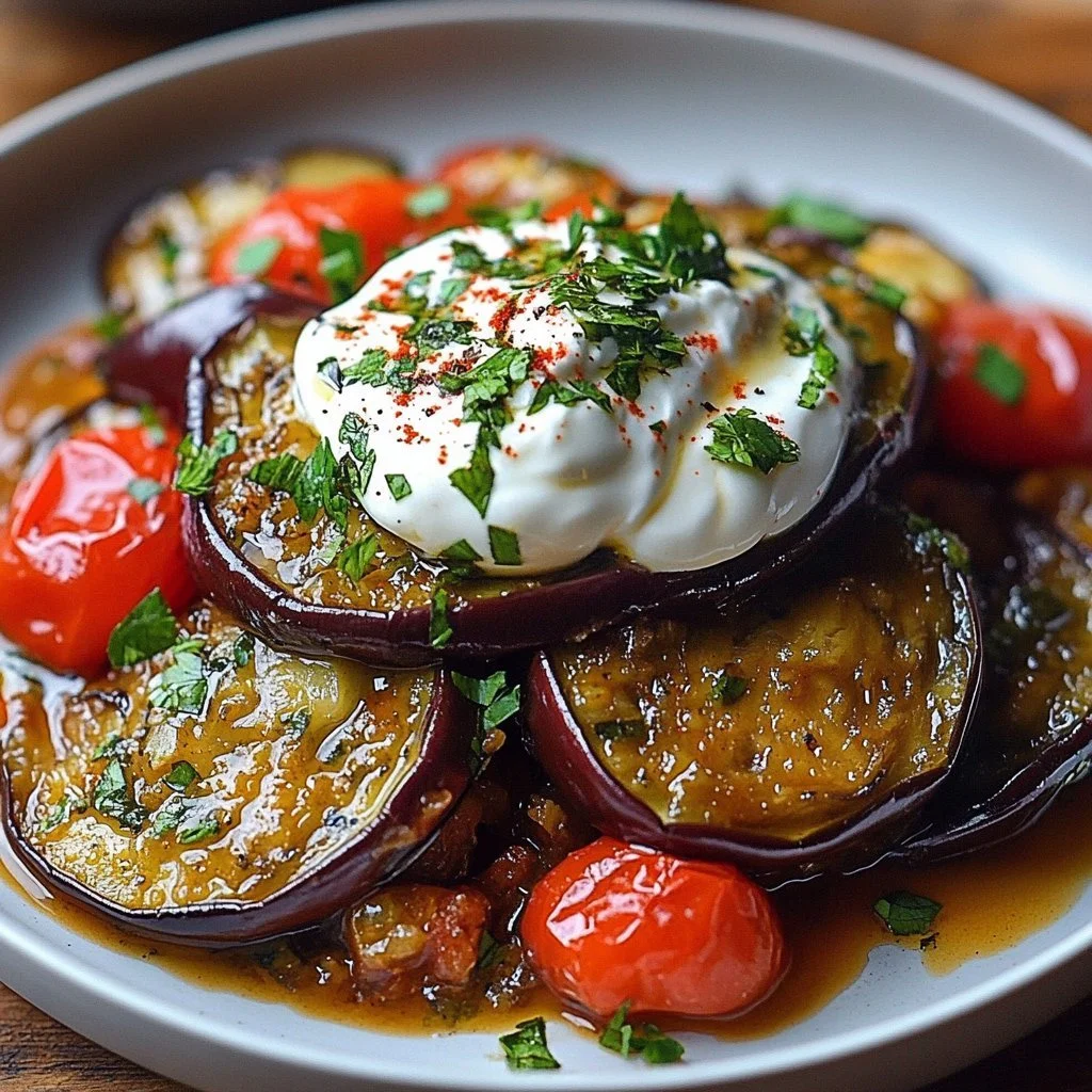 Eggplant Borani dish garnished with herbs and yogurt.