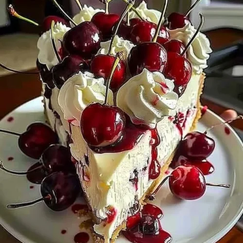 Sliced elegant cherry cheesecake topped with fresh cherries
